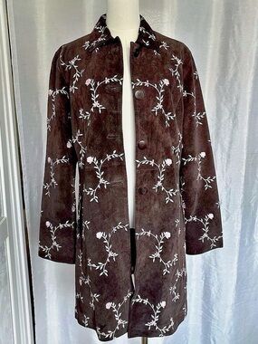 Brown Suede Coat with Floral Embroidery